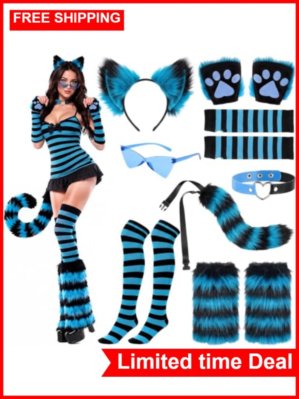 Cat Costume Accessory Set Plush Headband Tail Gloves